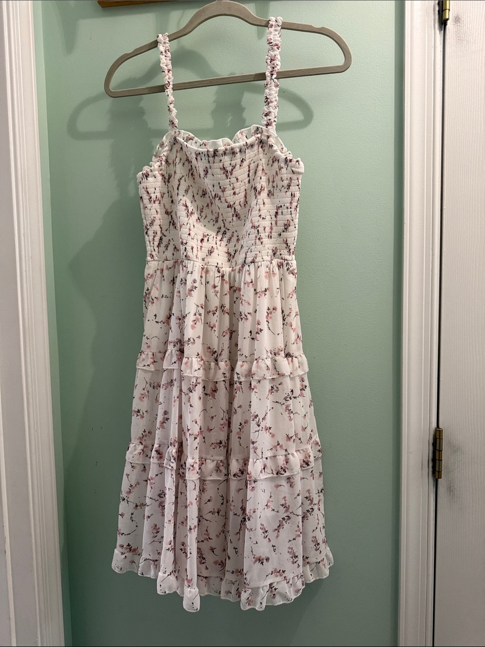 Women’s White Floral Tiered Sundress with Pink Print
